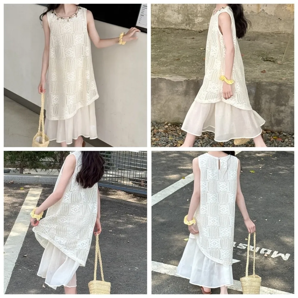 

Round Neck Kids Bohemian Shell Dress Sleeveless Hollow Children Beach Long Skirt Casual Loose Girls Patchwork Dress