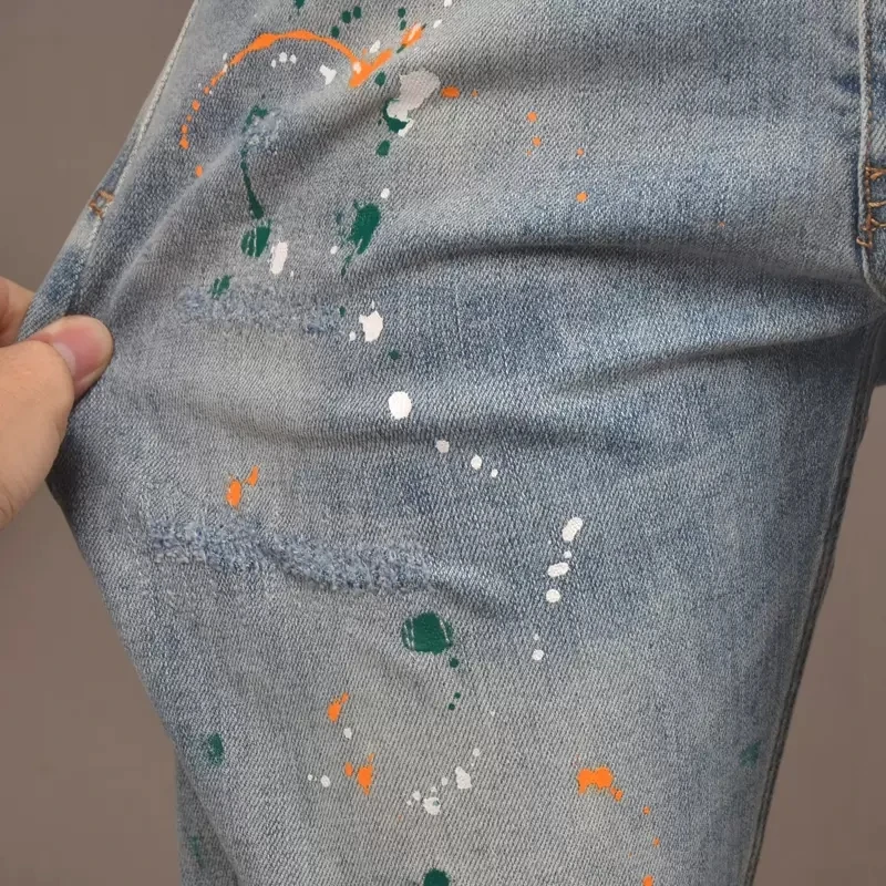 Fashion Designer Men Jeans Retro Light Blue Stretch Slim Fit Ripped Jeans Men Streetwear Elastic Painted Hip Hop Pants Hombre