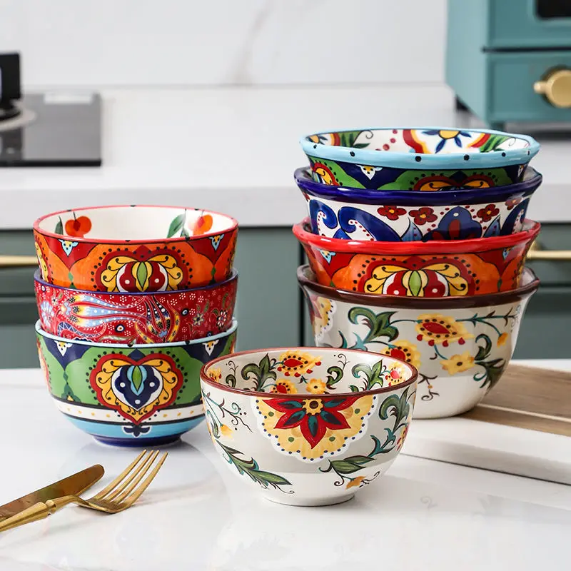 

Creative Bowl Ceramic Bohemian Hand-Painted Rice Bowl Instant Noodle Bowl Household Fruit Salad Bowl Kitchen Tableware