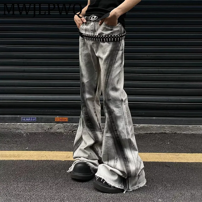 

MWJLPWQ Американский стиль, расклешенные джинсы с градиентом и потертым подолом, мужские модные уличные брюки длиной до пола, грязные контрастные цвета 21240