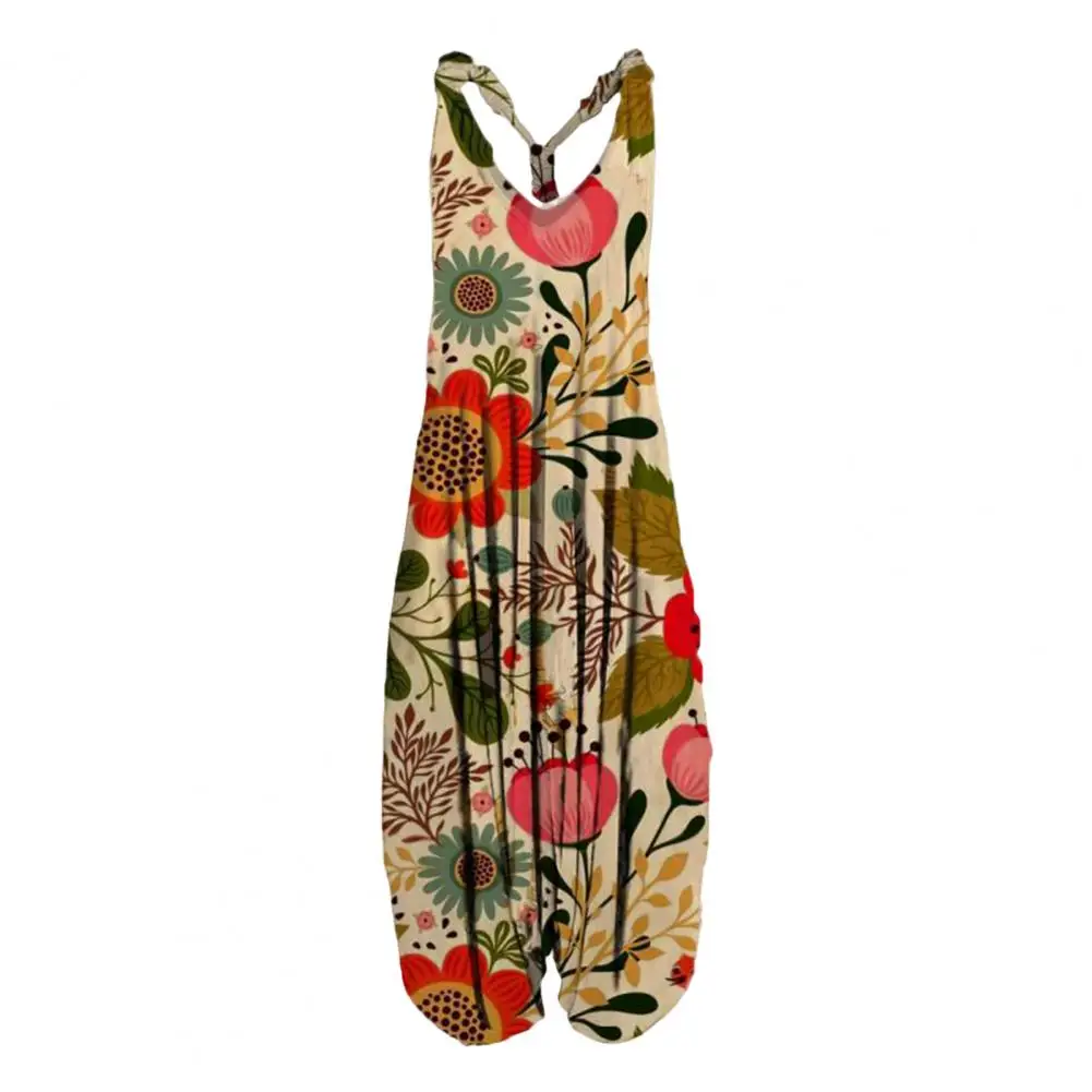 

Overalls for women V-Neck Sleeveless Racerback Beach Rompers Ethnic Style Print Sling Harem Jumpsuit Streetwear