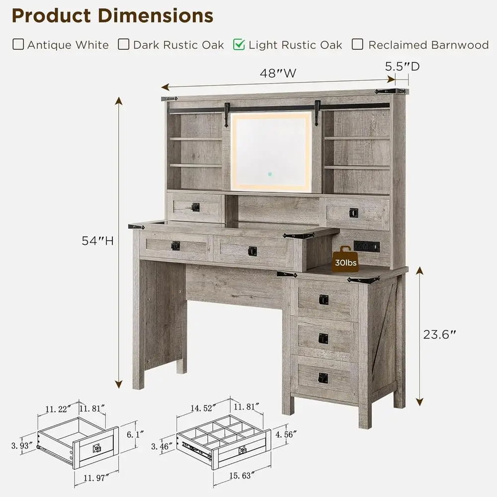 48 Lighted Makeup Vanity Desk with Sliding HD Mirror, 7 Drawers & Shelves, Large Rustic Oak Vanity Table