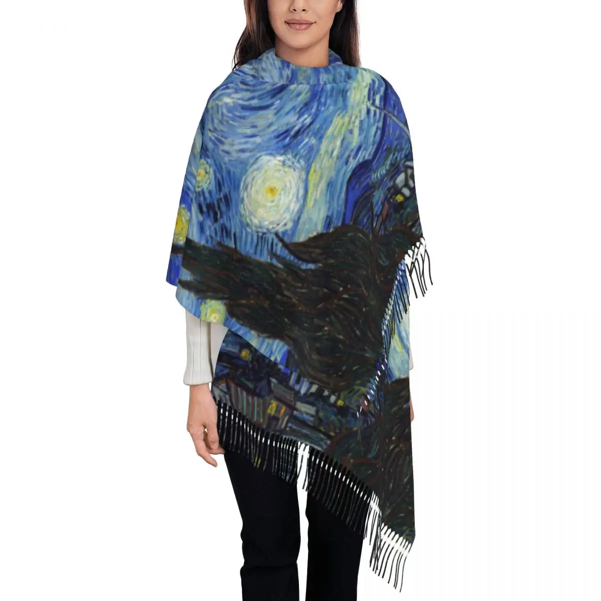 Custom Vincent Van Gogh Starry Night Tassel Scarf Women Winter Fall Warm Shawl Wrap Ladies Art Painting Scarves