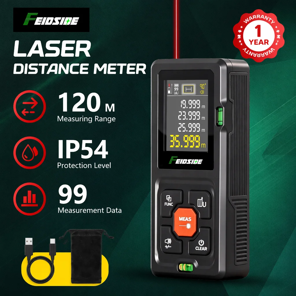 FEIDSIDE 120M Laser Distance Meter Handheld Digital Laser Rangefinder with Bubble Level IP54 Waterproof 99 Data Records