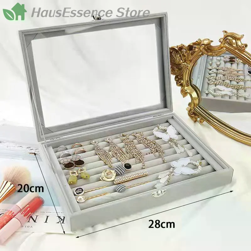 ※Velvet Rings Box Jewelry Display Case Storage Organizer Ring Earrings Box Dustproof Transparent Flip Lid Jewelry Box