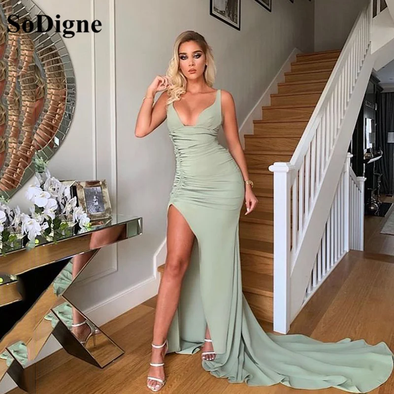 

SoDigne Simple Mermaid Evening Dresses For Wedding Party Chiffon Party Dresses V Neck Side Split Prom Gowns Vestido De Noche