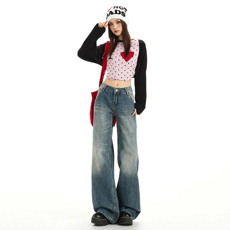 

Low rise American retro narrow straight leg jeans autumn new loose and versatile floor length wide leg pants