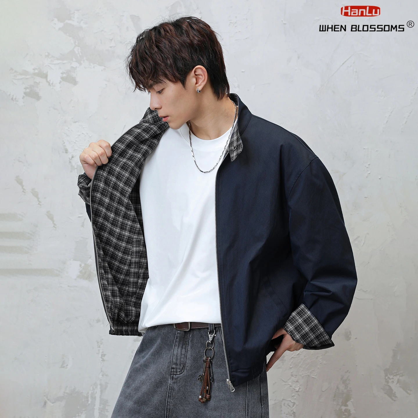 

2025 Men's Reversible Harrington Jacket Vintage Plaid Two Sides Wear American High Street Workwear Casual Double sided Coat