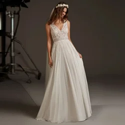 Vestidos de novia 2024  Boho V-Neck Sleeveless Lace Appliques Wedding Dress A-Line Chiffon Floor-Length New Wedding Party Dress