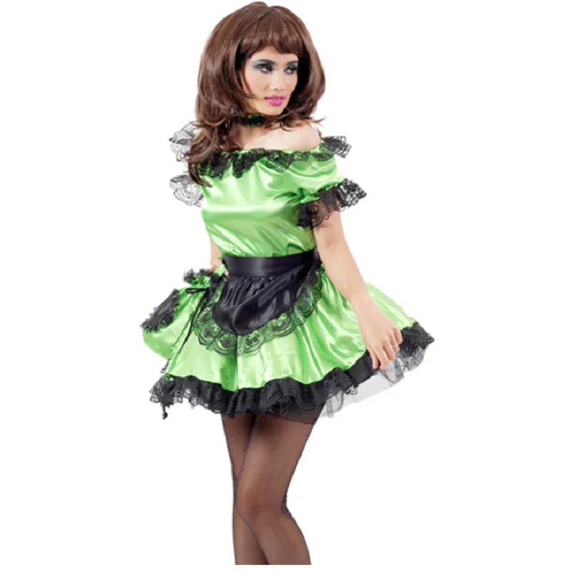 

Hot selling sissy jade green satin French maid uniform dress cosplay set customization