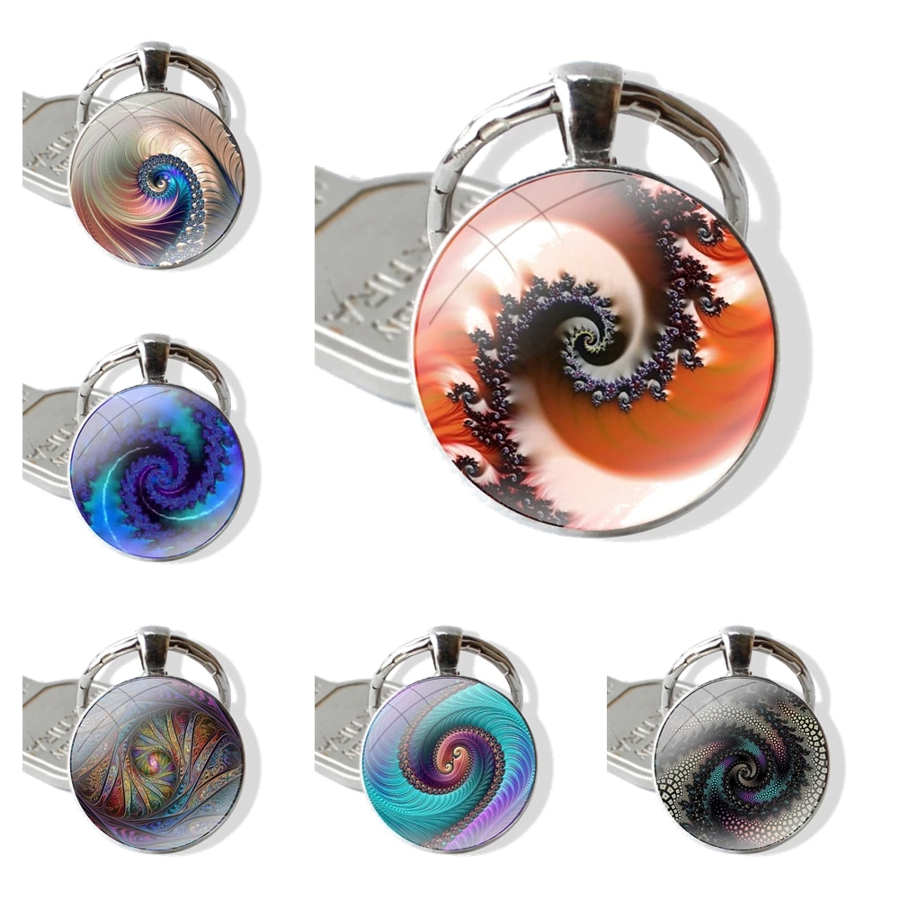 Keychain Handmade Glass Cabochon Key Ring Holder Pendant Key Chains Handmade Mixed Whirling Fractal Patterns