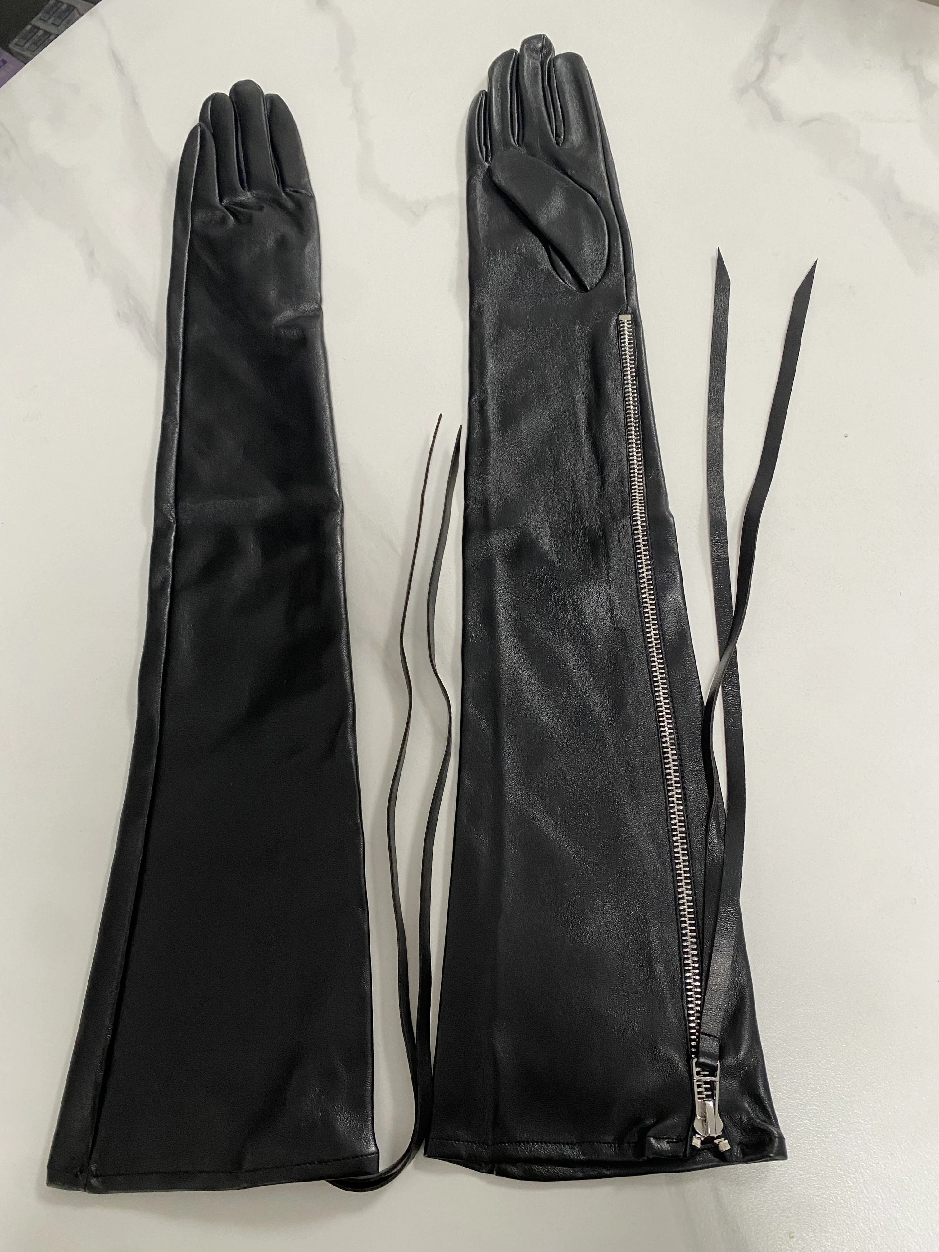 Women's Fashion PU Leather Zipper Tassel Glove Female Spring Autumn Winter Driving Photograph Performance Party Glove 60cm R3370