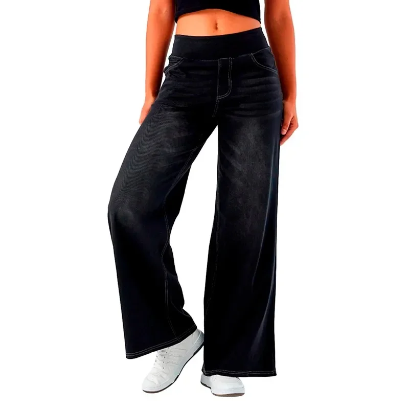 Pop mulheres baggy jeans streetwear cintura alta perna larga calças jeans retro cintura elástica azul solto calças femininas 2025