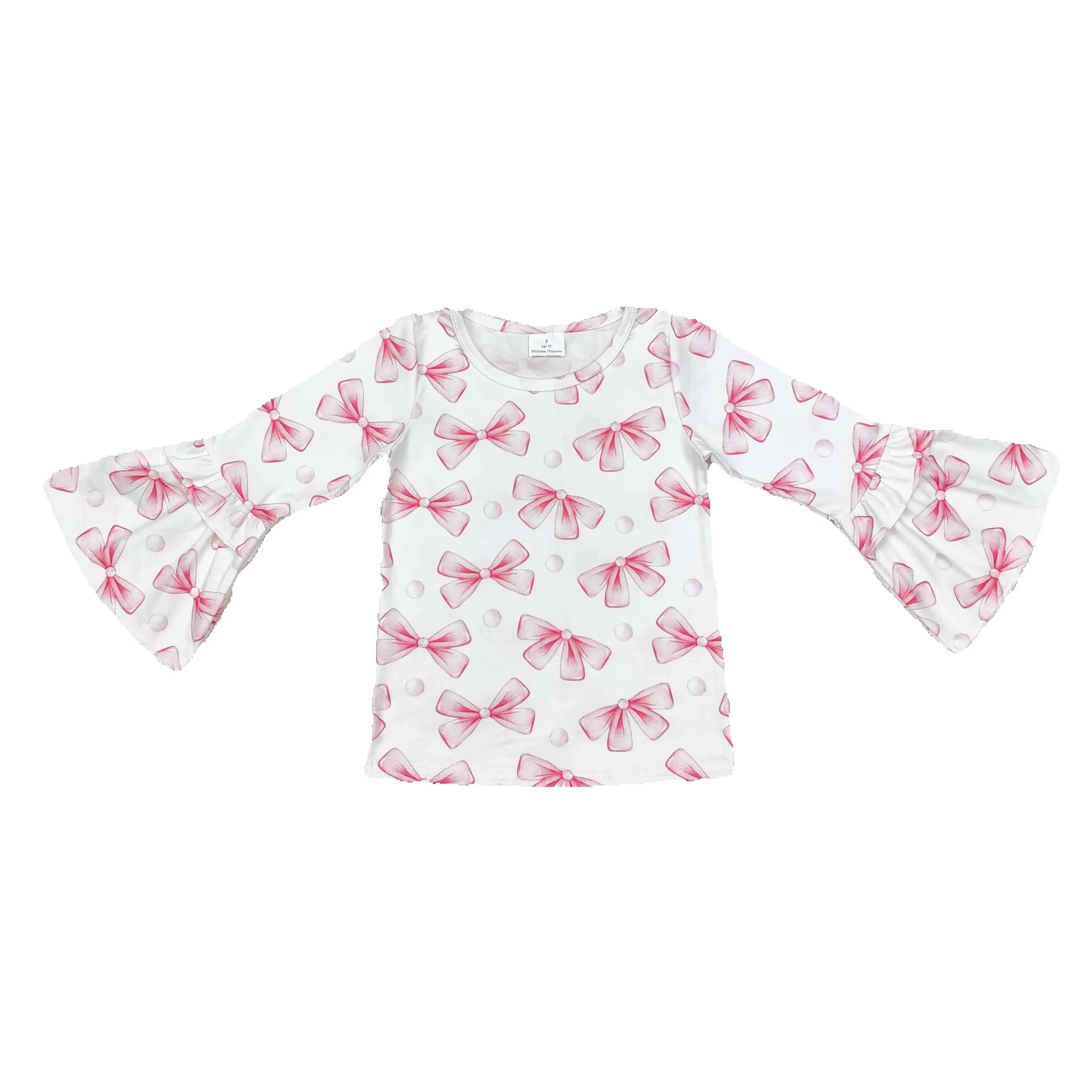 

GT0779 Fashionable Kids Girls Clothing Long Sleeve Bow pattern lace white Print With Children Clothes Rts No Moq