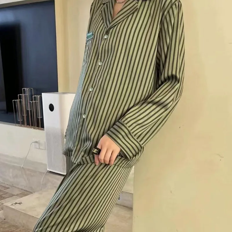 Women\'s Pajamas Sets Spring Autumn 2 Piece Striped Print Pyjama Faux Silk Satin Sleepwear Long Sleeve Pijama Mujer Pjs Homewear