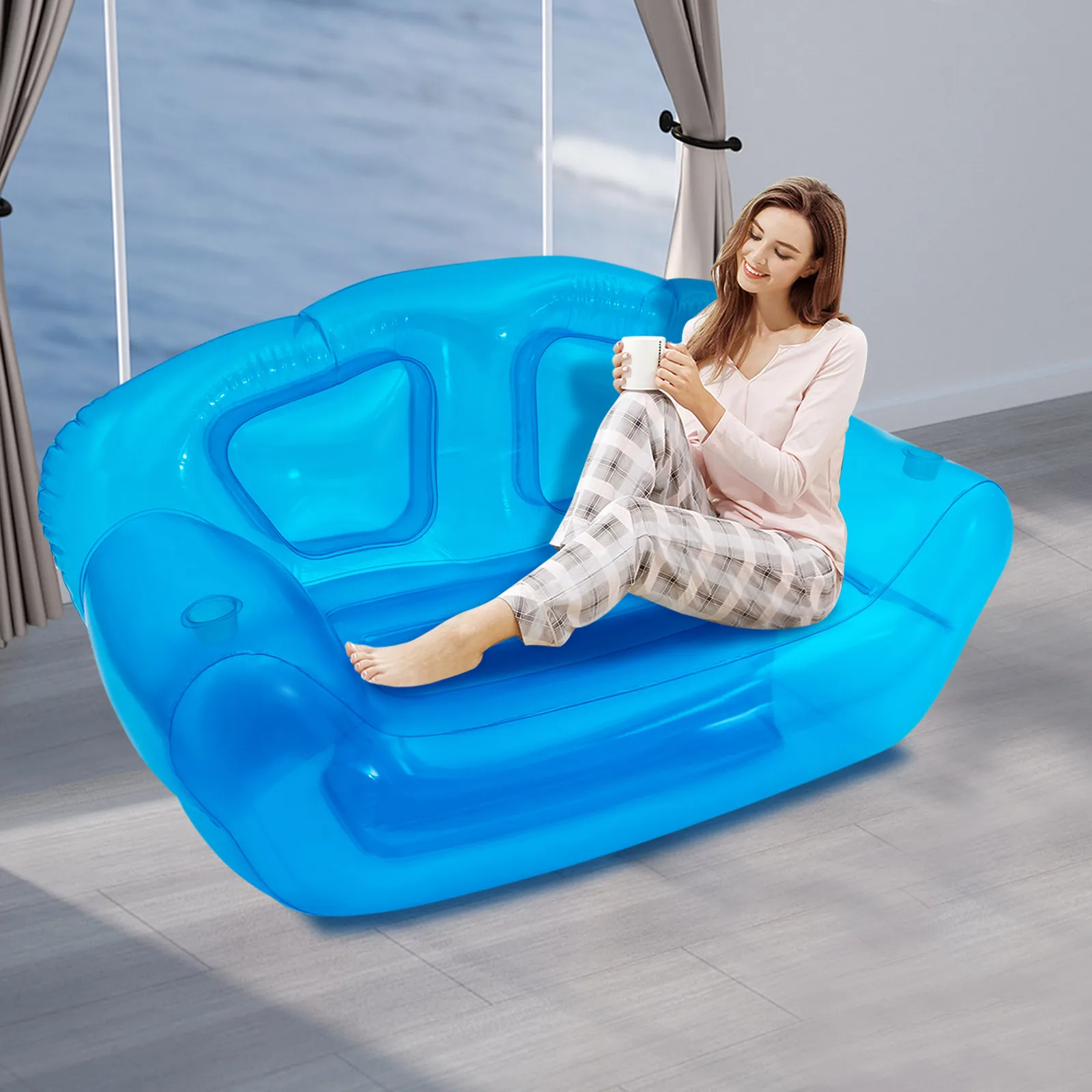 أريكة مزدوجة قابلة للنفخ، أريكة PVC محمولة مع حاملات أكواب - استخدام داخلي وخارجي للتخييم والشاطئ والنوم والحفلات (Blu) #2