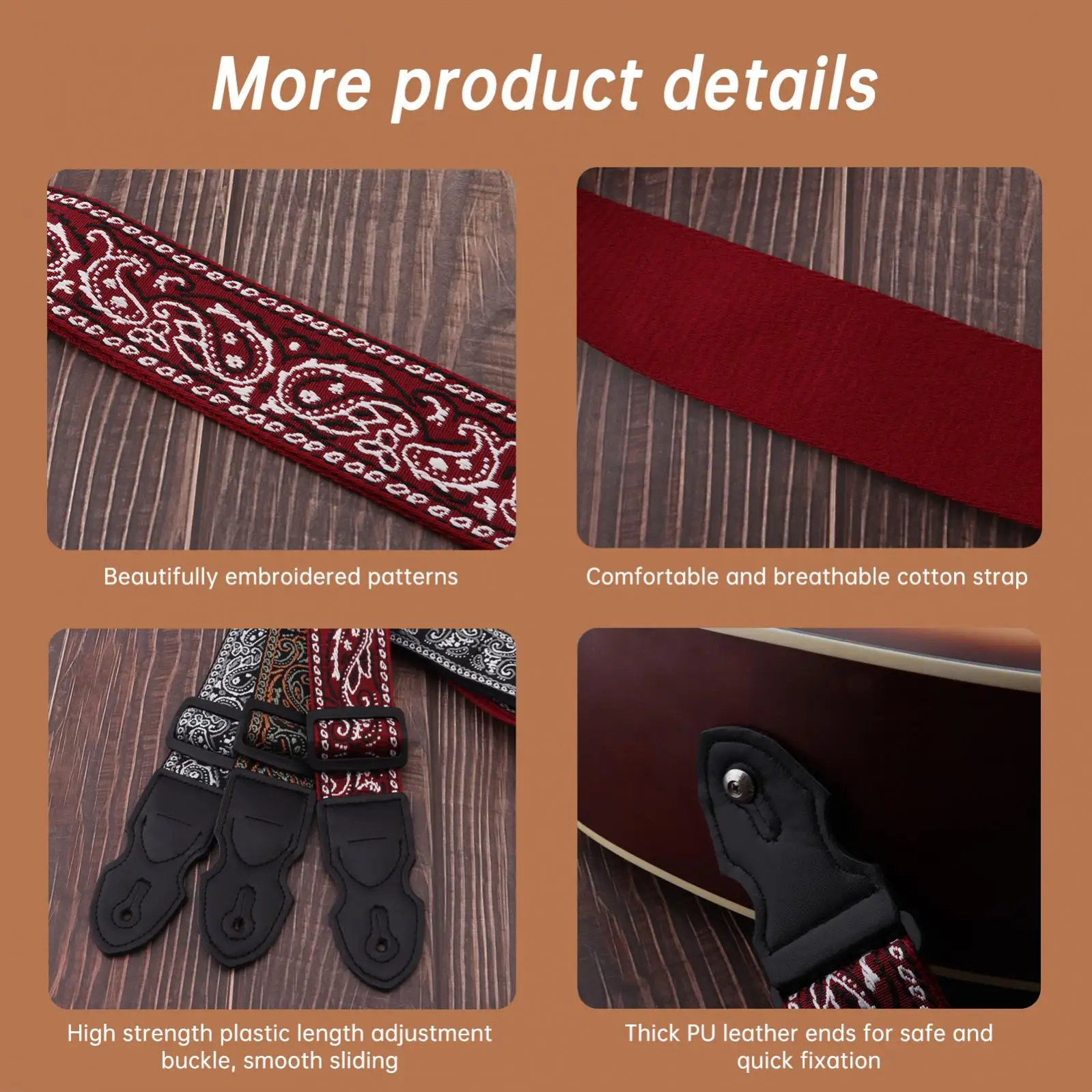 Gitarrengurt im bestickten Stil aus PU-Leder mit Plektrum-Schlitz, verstellbarer Gitarrengurt für akustische E-Gitarre und Bass – Detail 8