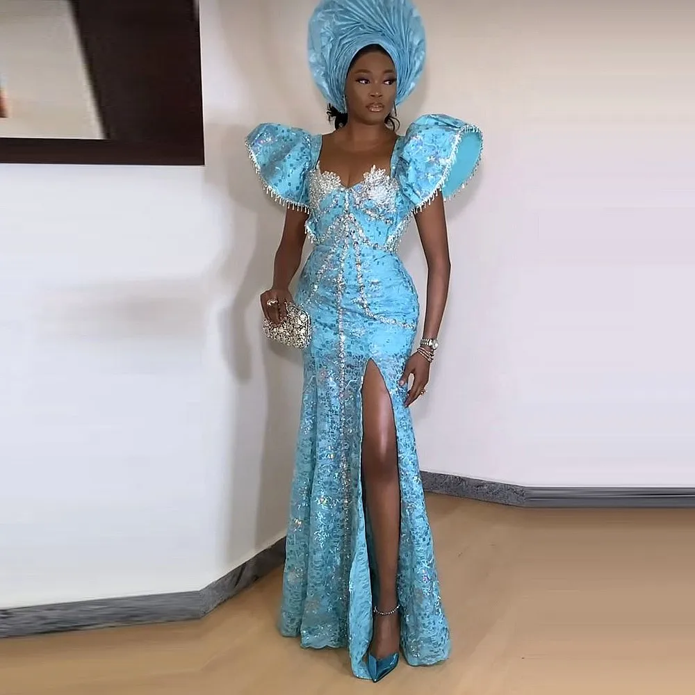 

African Women Lace Prom Dresses Puffy Sleeves Beads Tassels Appliques Mermaid Evening Dress High Slit Lace Wedding Party Gowns
