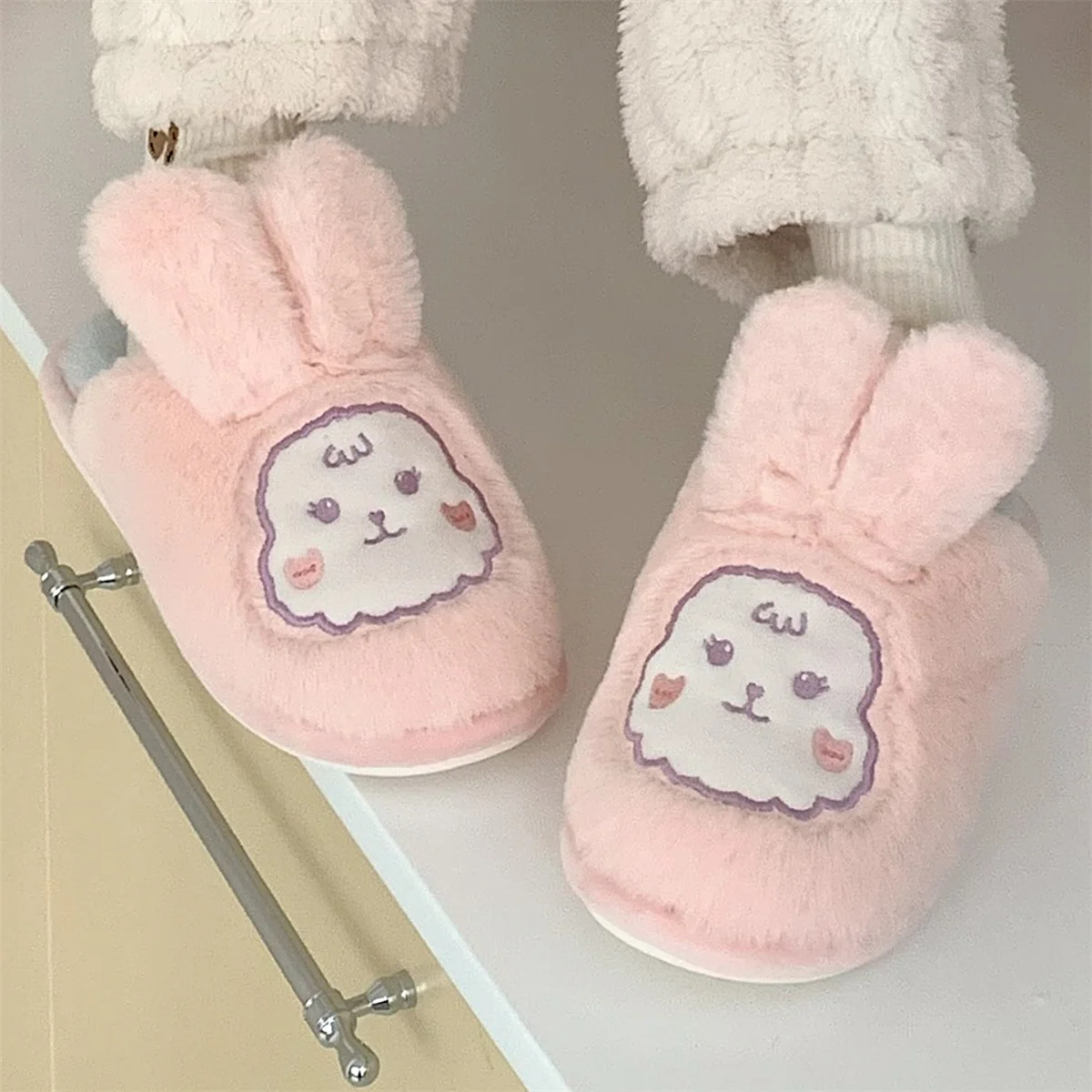 

Cute Rabbit Cotton Slippers Women 2022 Winter Home Slipper Dormitories Anti-skid Warm Woolen Plush Slipper