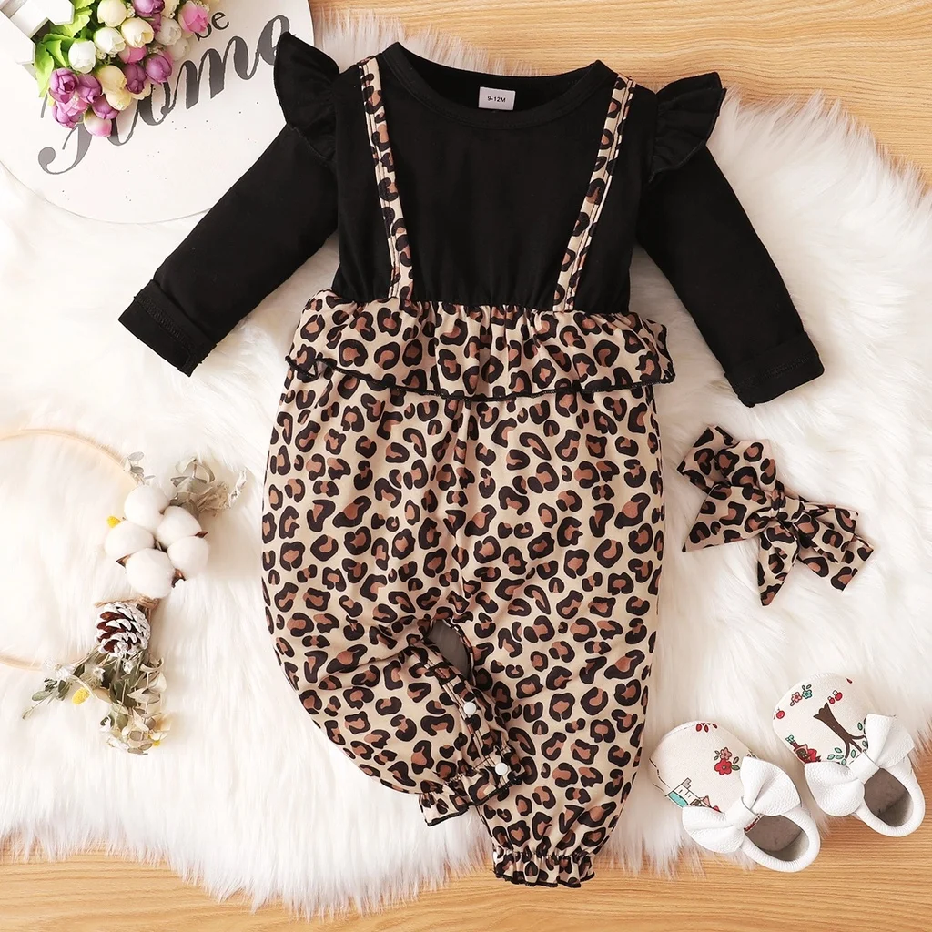 2PCS Newborn Baby Girl Flutter Sleeve Long Sleeve Leopard Bodysuit+Headband Spring Autumn Jumpsuit for Toddler Girl 0-18 Months