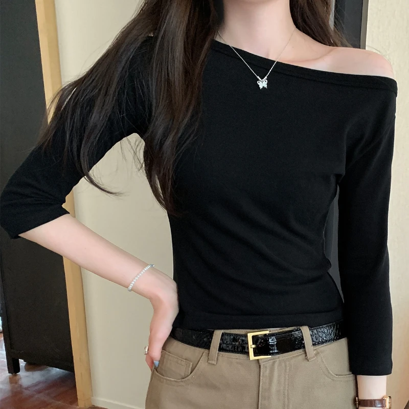 

Осенние хлопковые однотонные женские футболки, новинка 2025 года, повседневные рубашки с короткими рукавами и круглым вырезом, корейский низ, базовые вязаные тонкие женские топы