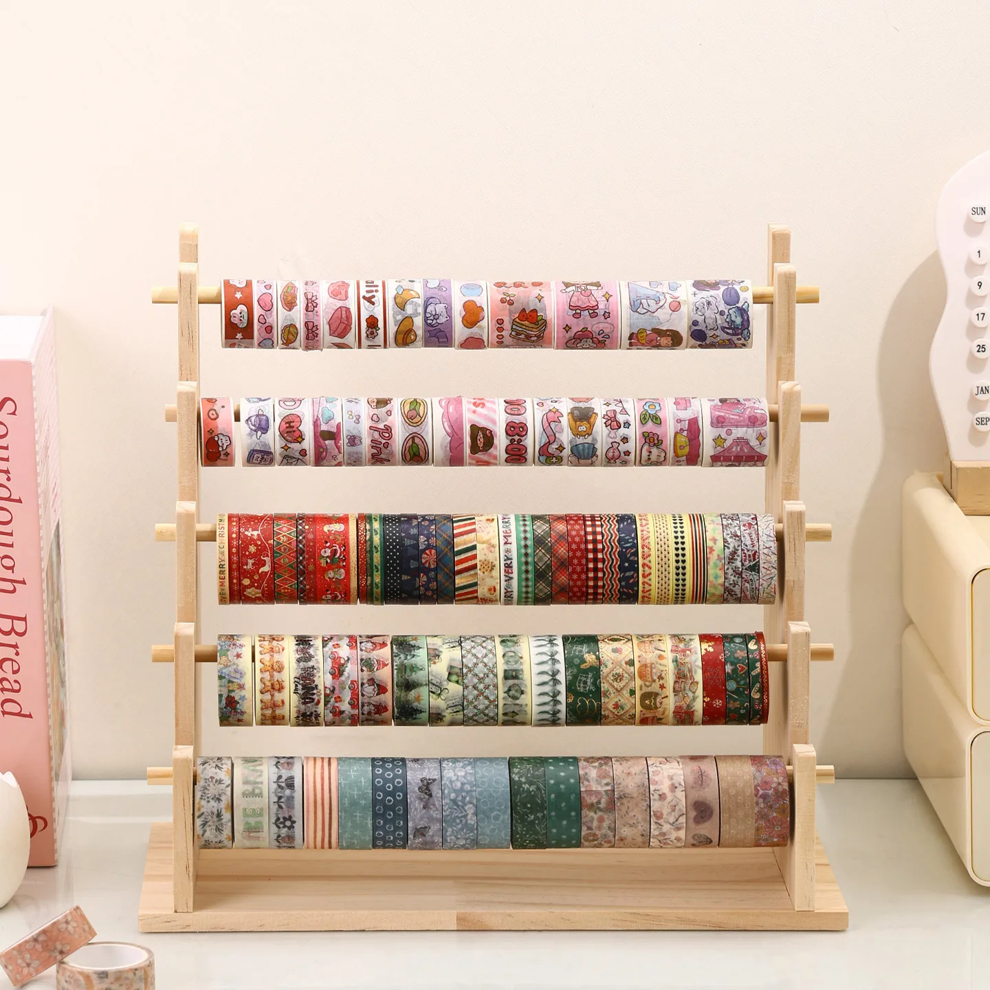 1 unidad de papelería de escritorio multicapa de madera, estante de almacenamiento de pegatinas de papelería DIY, organización de joyería de papelería de oficina multifuncional