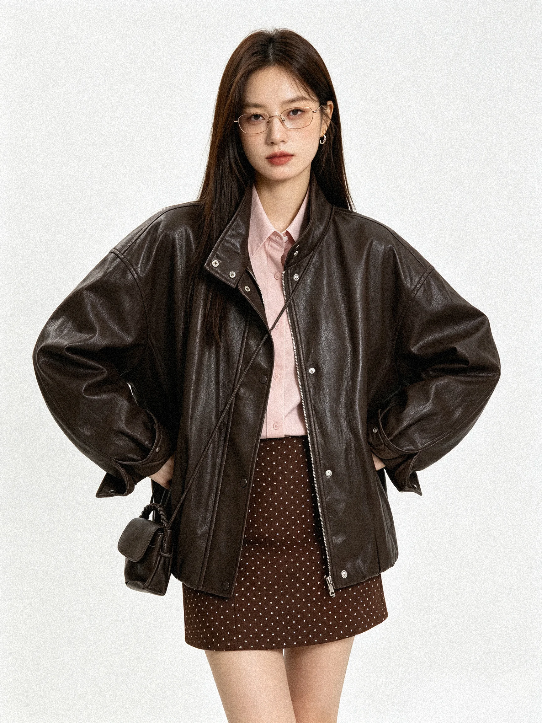 Elegant Korean Style Motorcycle Jacket Short Coat Stand Collar Slimming Design Casual Fashion Women's Leather Coat