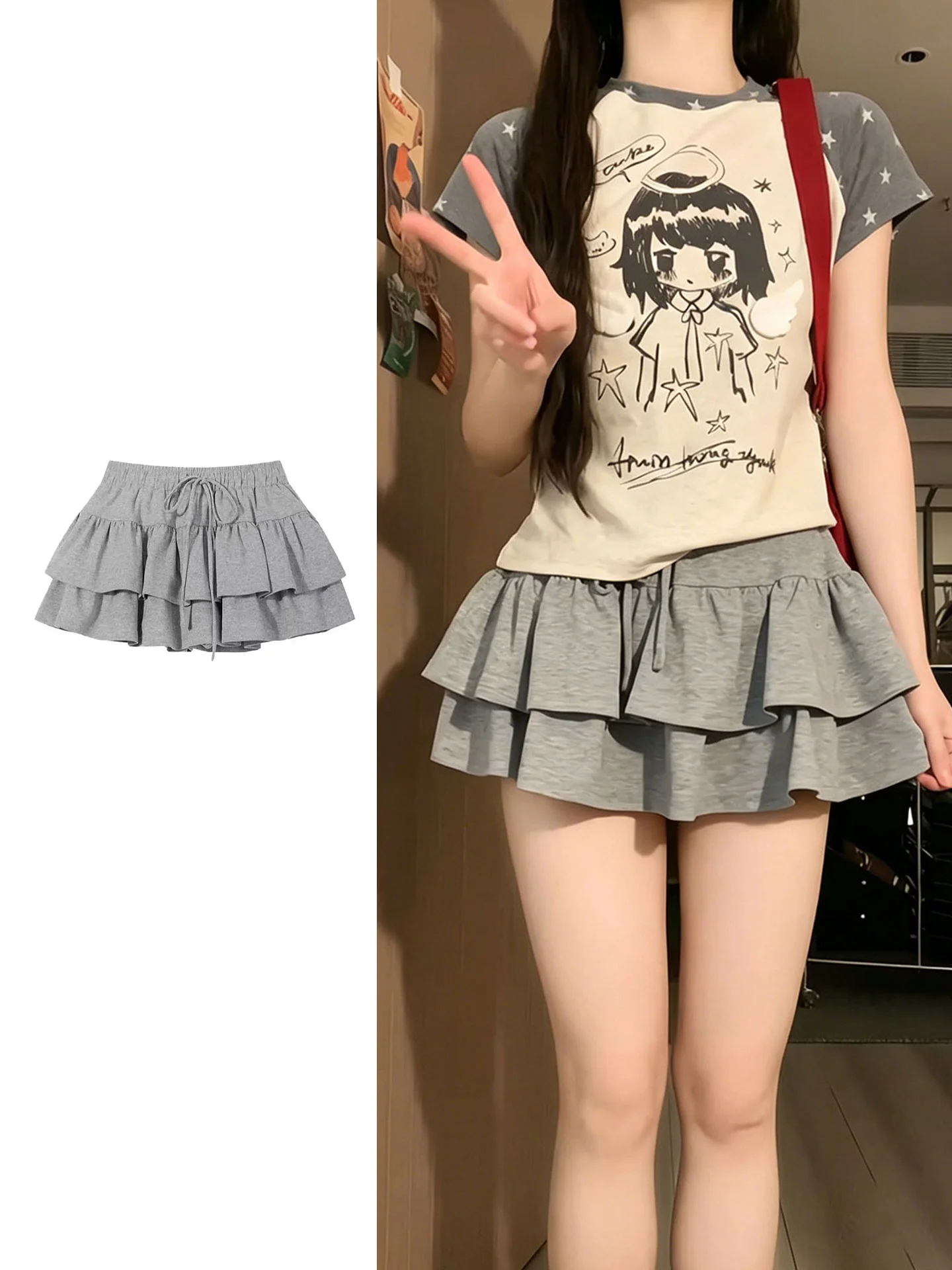 グレーのバレエスタイルセミボディスカート、ベルト付き、ハイウエスト、透け防止、夏用、二重層、フリル、パフケーキスカート（女性用）