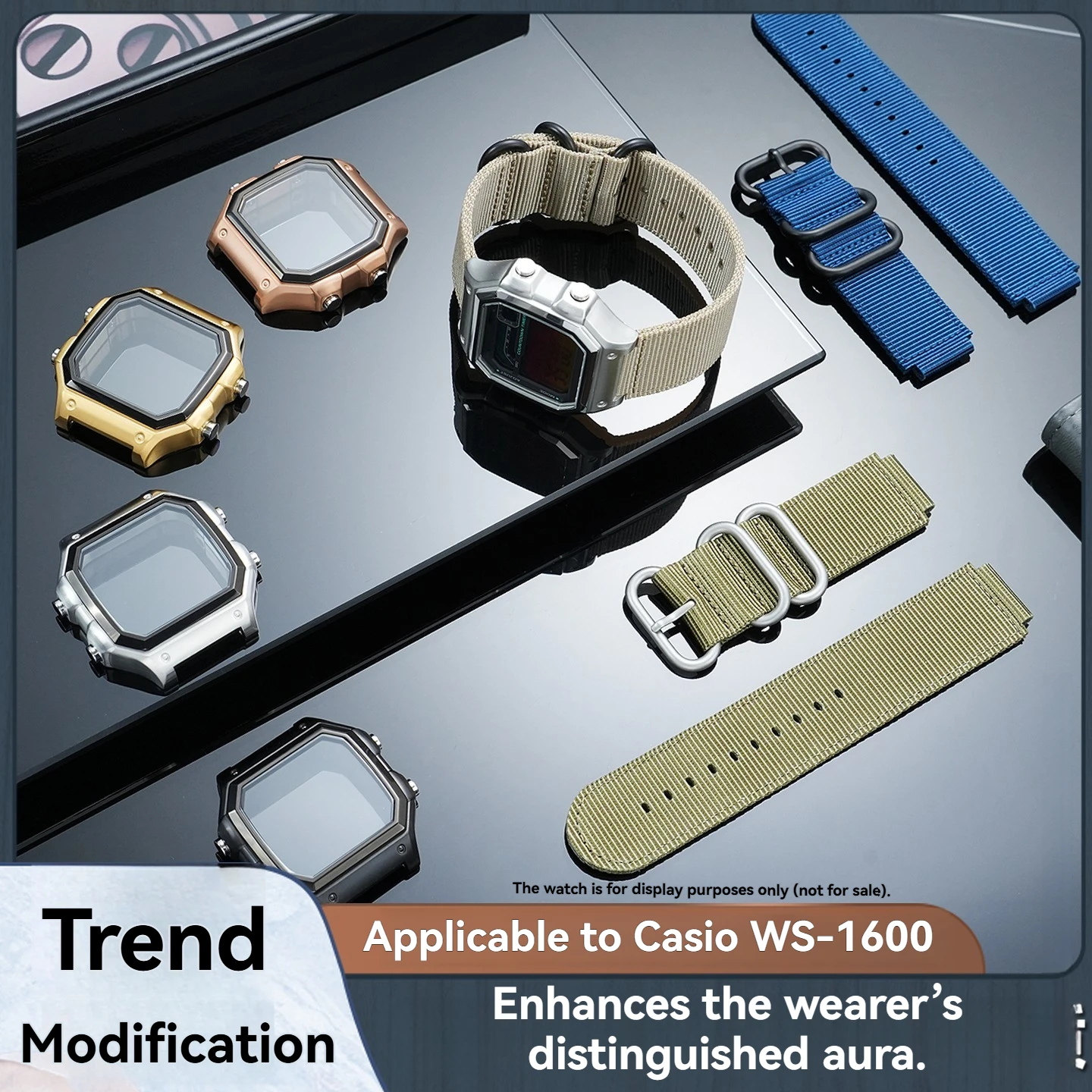 Suitable for Casio AE-1200 AE-1300 WS-1600 small square modified silver case 304 stainless steel metal case nylon watchband