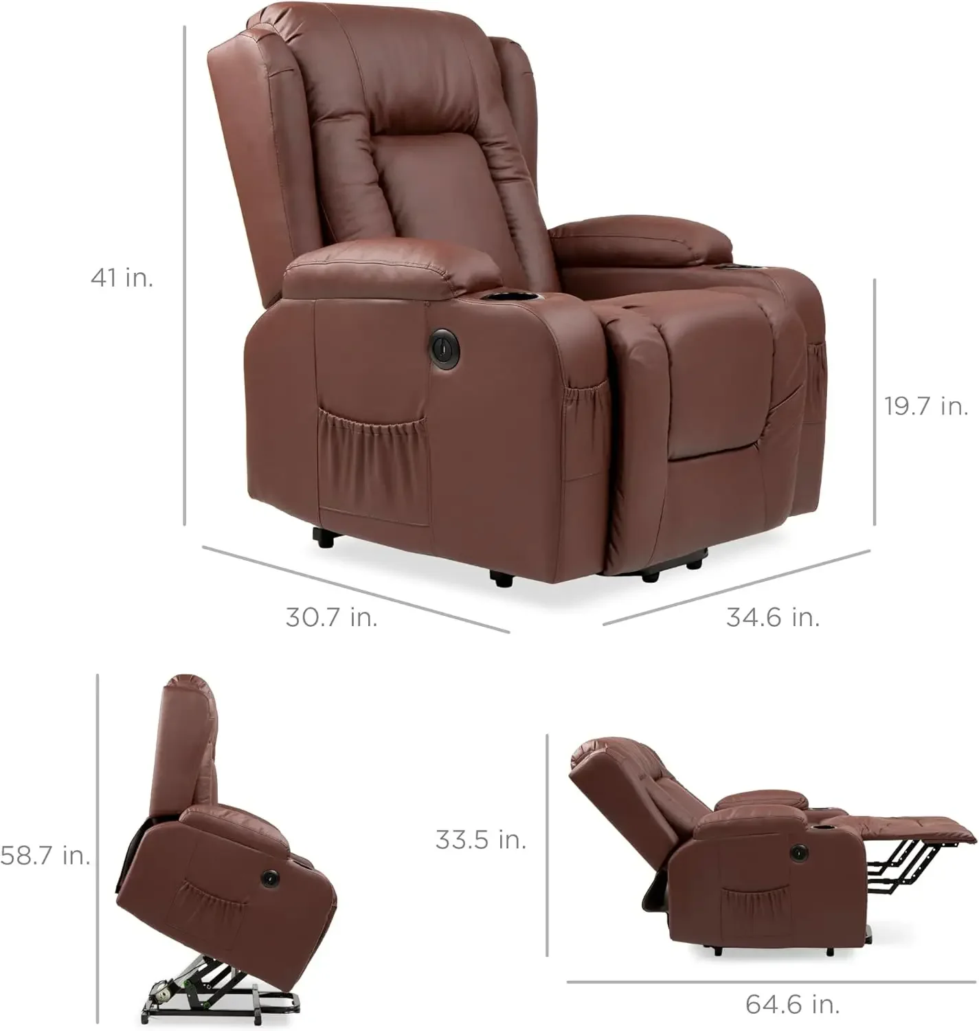 PU Leather Electric Power Lift Chair, Recliner Massage Chair, Adjustable ,USB Port, Heat, Cupholders, Side Button - Brown