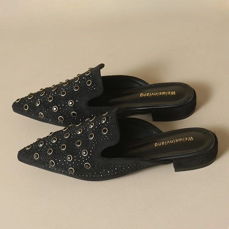 

Fashion Rhinestone Pointed Toe Slippers Women Summer New Low Heel Slides Sandals Comfortable Shallow Outdoor Slip-on Shoes
