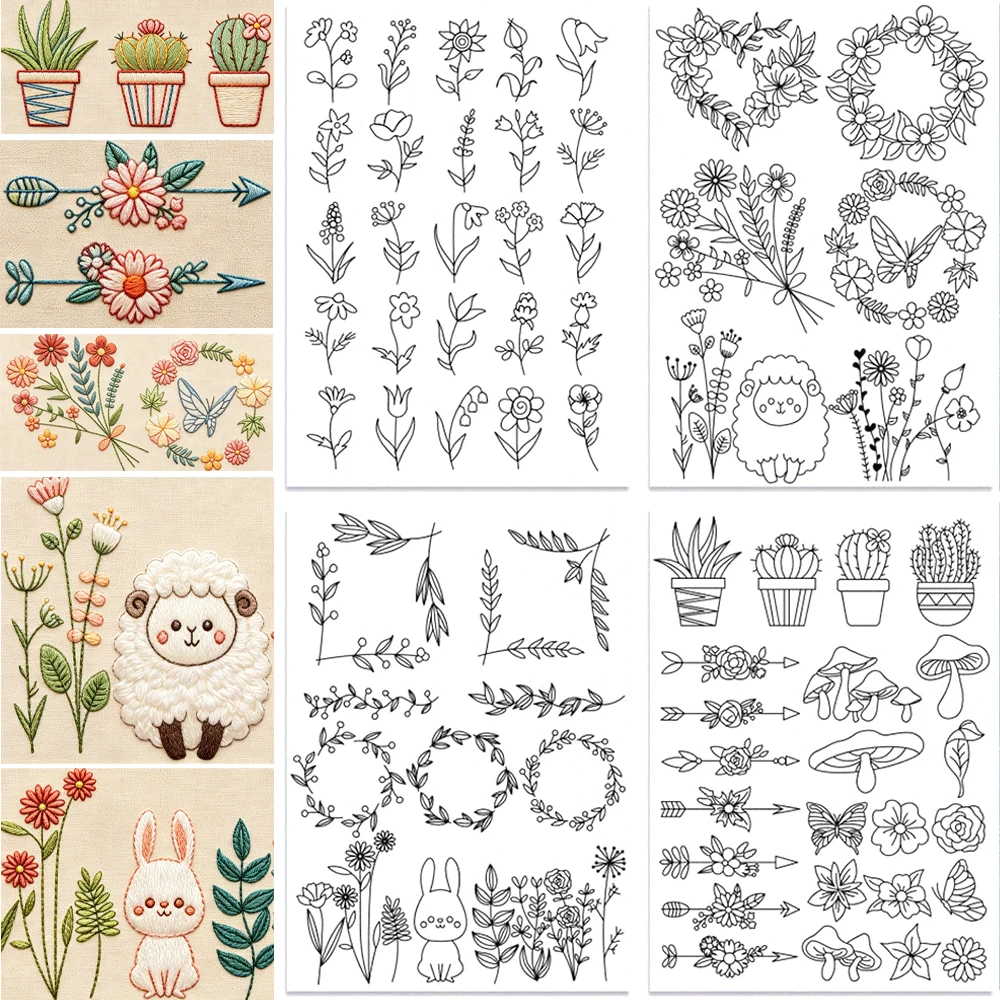 Cute Animal Floral Stick And Stitch Embroidery Transfer Paper Water‑Soluble Stabilizer Sheep Rabbit Flower Wreath Patterns