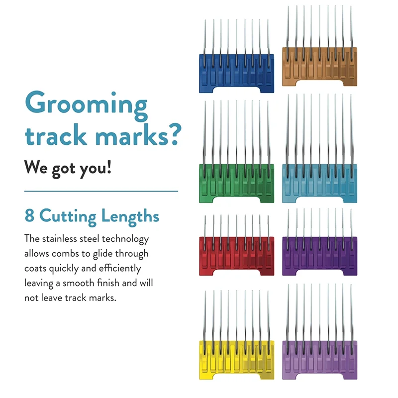 

ABKW-Pet 8-Colors Dog Cat Horse Metal Combs Set In Stainless Steel For Wahl Professional Animal Clipper Attachment Guide