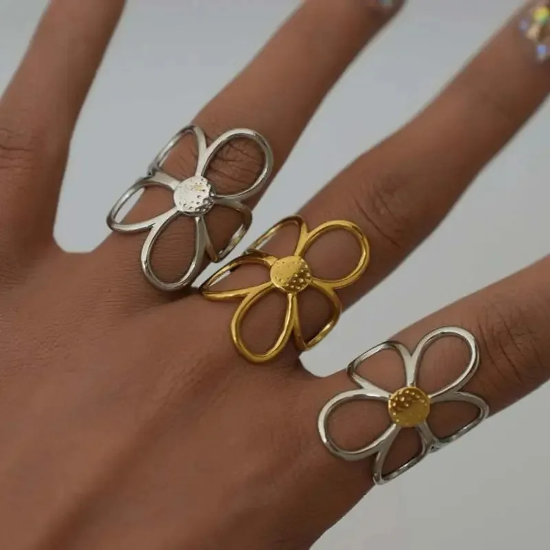 

Stainless Steel Hollow Daisy Flower Rings for Women Simple Gold Silver Color Open Ring Anti Allergic Rust Proof Stylish Jewelry