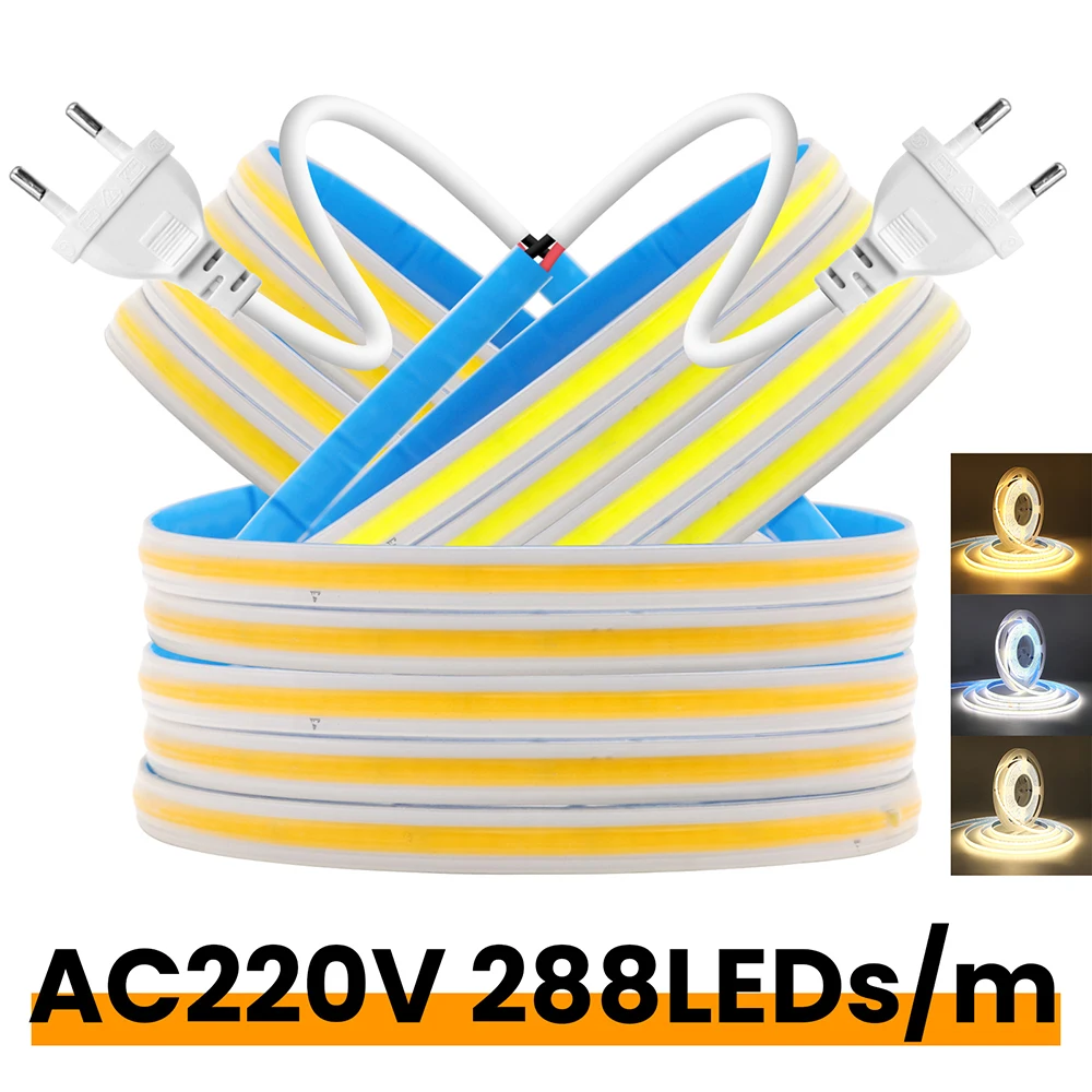 AC 220V 110V COB LED Strip Waterproof Light Tape 2pin Connector/Power Plug Kit 3000k 4000k 6000k 288 LEDs Flex Tube Lamp with IC