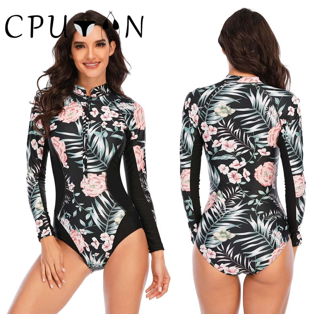 

CPUTAN 2024 One Piece Swimwear Women Print Push Up Swimsuit Long Sleeve Bathing Suit Retro Monokini Vintage Surfing Beach Wear