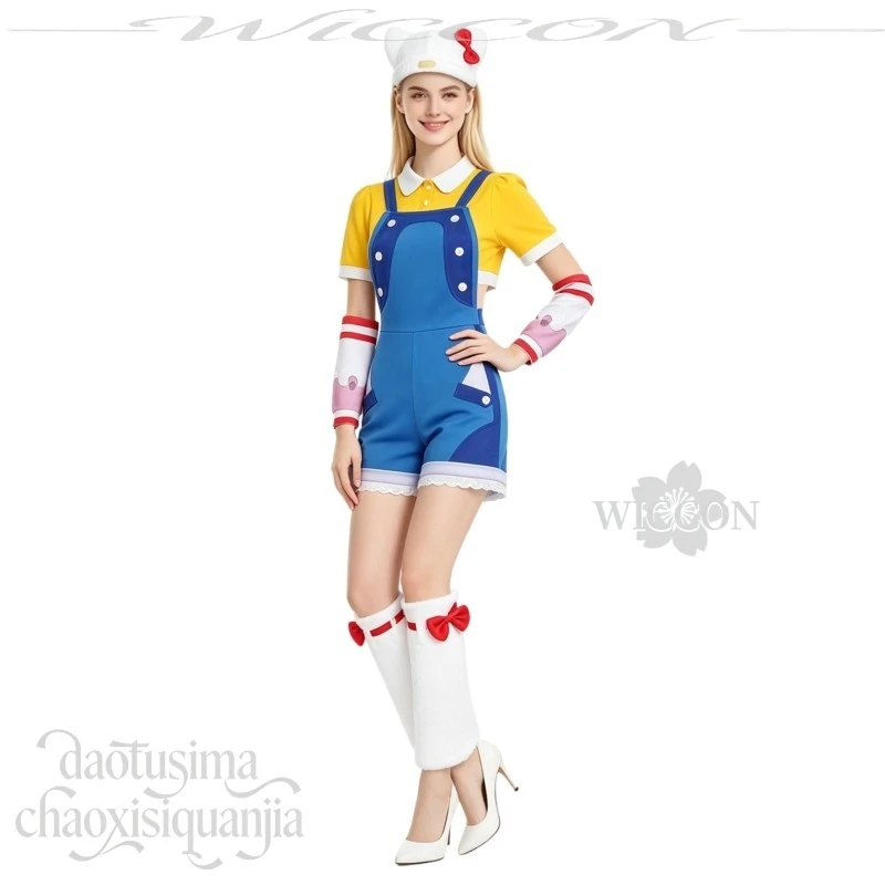 

Cute Juno Cosplay Y2K Jirai Kei Outfit Blue Overalls Yellow Top Furry Cat Hat Bow Girls Costume for Parties And Events