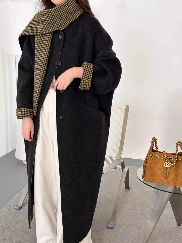 DFDG dubbelzijdige wollen jas voor dames 2025, omkeerbare lange geul met afneembare sjaal, vintage slanke herfst-winterontwerperjas