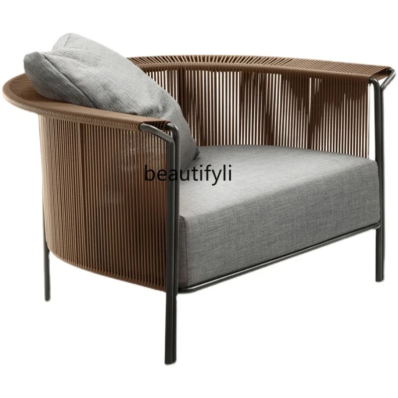 

AOutdoor Sofa Courtyard Hotel Outdoor Balcony Leisure Rattan Chair Tea Table Combination Model Room Outdoor Single Rattan Sofa