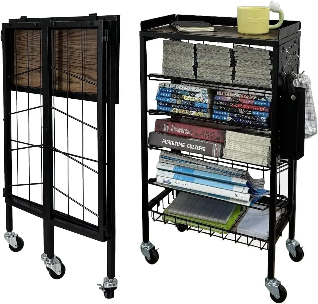 Foldable Book Cart 6-Tier Large Capacity Bookshelf Single Sided V-Shaped Sloped Shelves With brake Wheels With PegBoard Slim Rol