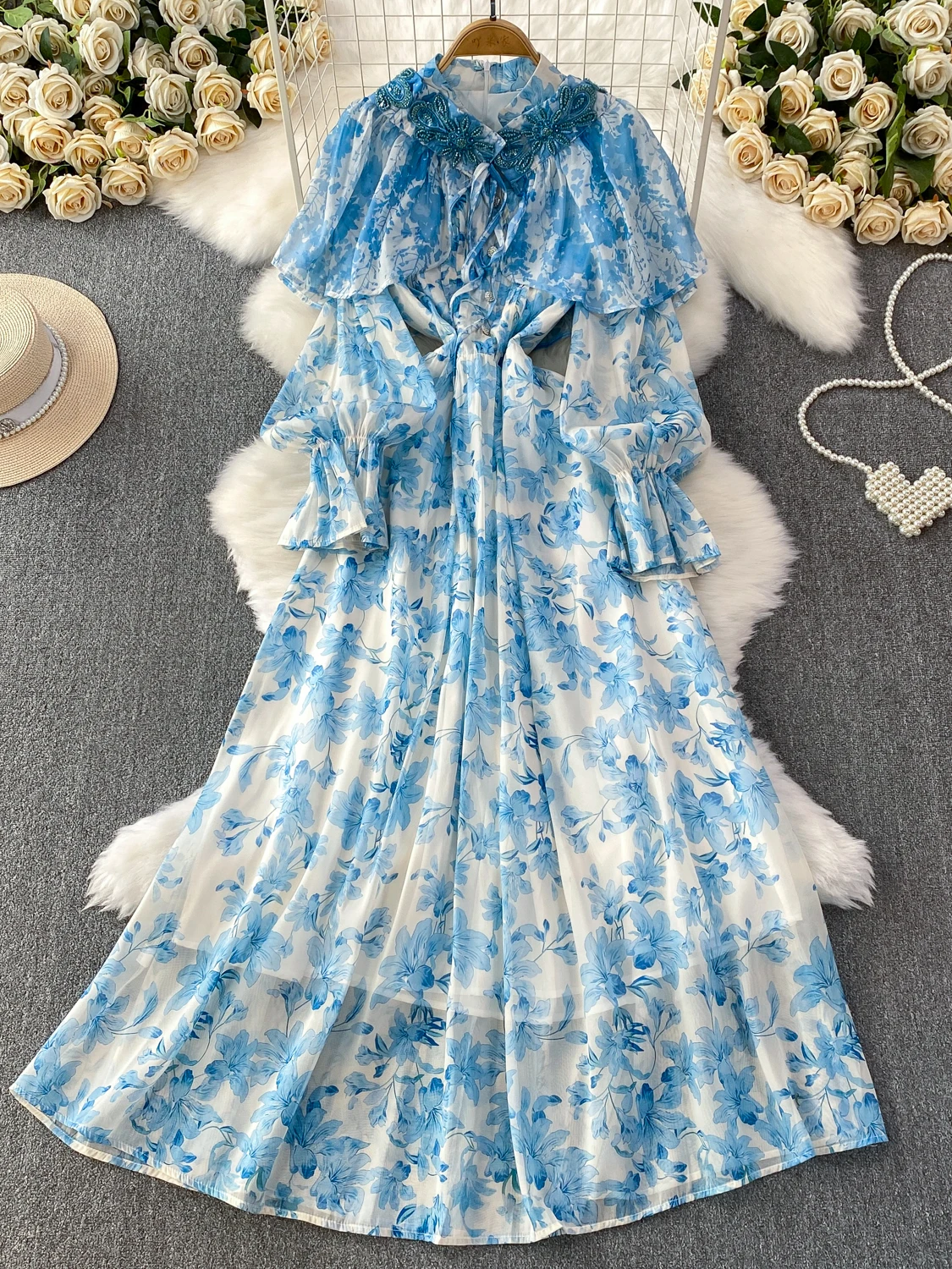 Ele Vintage Court Sle Beaded ow Dr Women's Beautiful Print Full Skirt Stand Collar Long Sve High Waist A-Line D...