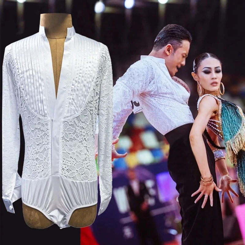 Latin Danc Top Men Long Sleeves Dancing Tops Tango Samba Performance Costume Black White Practice Clothes Cha Cha Dancewear 1421