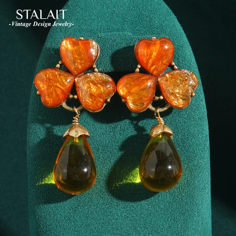 

Vintage Orange Clover Earrings 4 Leafs Goth Drop Dangle Charm Jewelry Natural Stone Glass Luxury Designer Woman Accessories