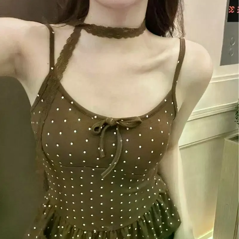 Clothing Summer Fashion Casual Polka Dot Solid Color Sling Ladies Fashionable Appear Thin Slim Young Style Tops Women