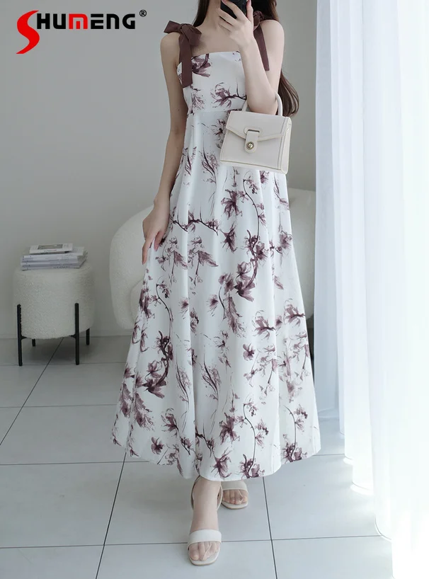 

Japanese Style Elegant Sweet Square Neck Sleeveless Lace-up Bow High Waist A-line Fashion Printed Casual Long Dress Women Summer