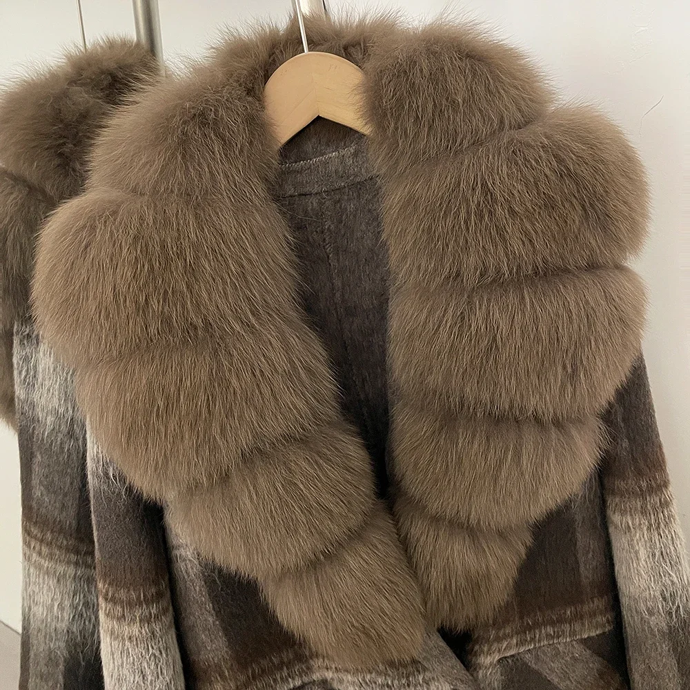 OFTBUY New Warm Winter Outerwear for Female Mid Long 100% Wool Coat Women Real Fox Fur Lapel Collar Vintage Plaid Woolen Jacket