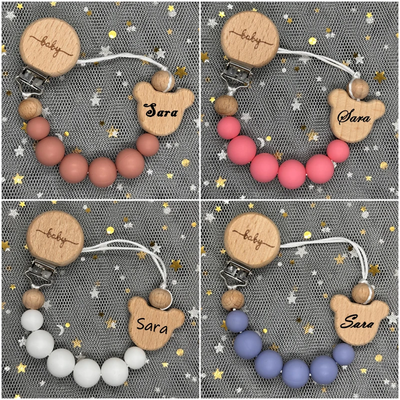 Custom Baby Pacifier Chain Clips Wooden Personalized Teether Silicone Round Beads Teething Chain for Care Soother Chew Toys Gift