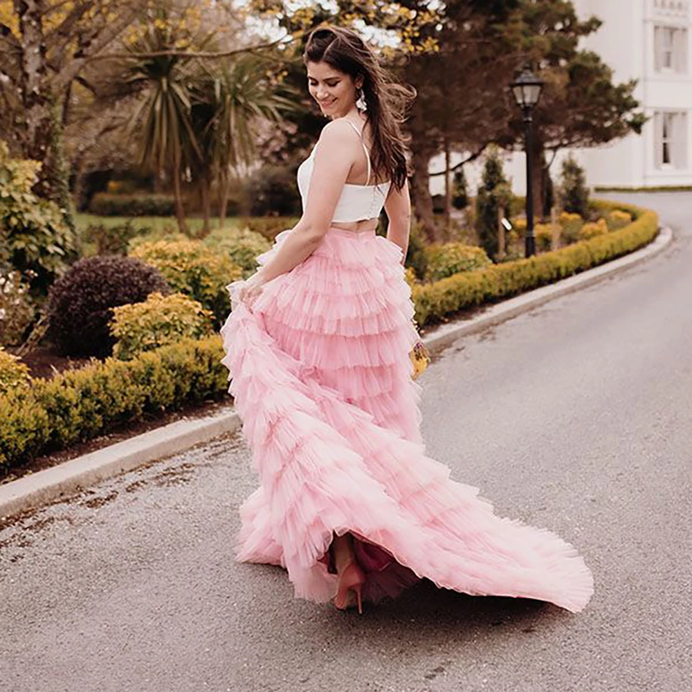 Vestido corto de satén con tirantes finos para boda, traje de dos piezas con tutú escalonado, de malla, con abertura alta, estilo rústico