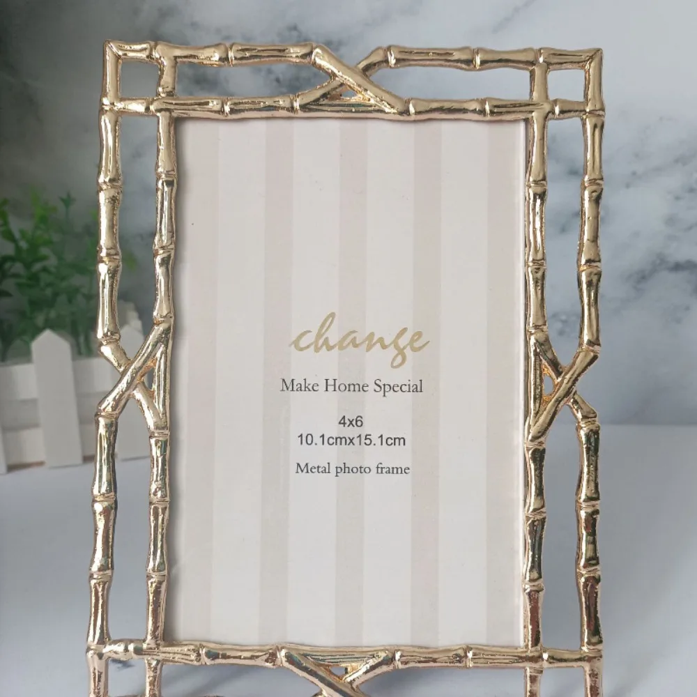 Minimalist Light Gold Bamboo Metal Photo Frame Table Decoration Metal Picture Stand