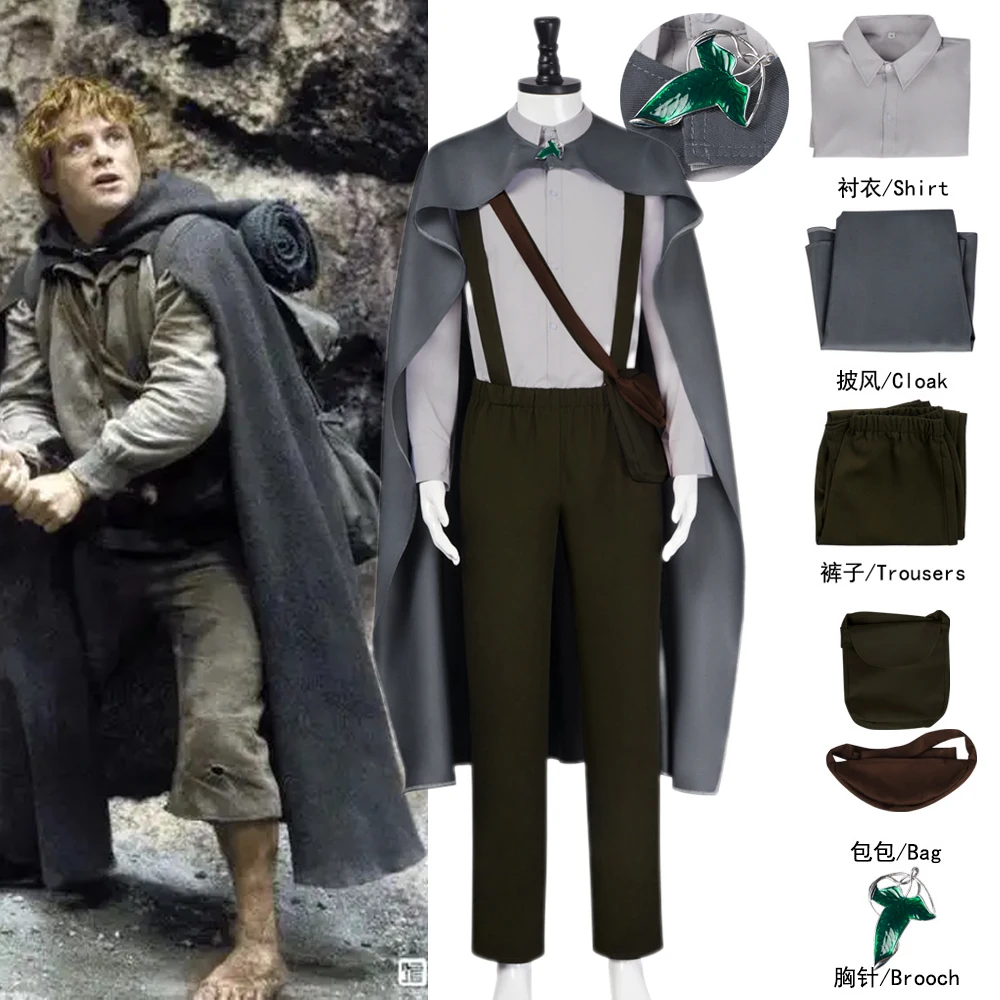 

Костюм Сэмвайза Гэмги из фильма «Властелин колец»: серый плащ, брошь, накидка, сумка, униформа — полный комплект для косплея на Хэллоуин для взрослых мужчин